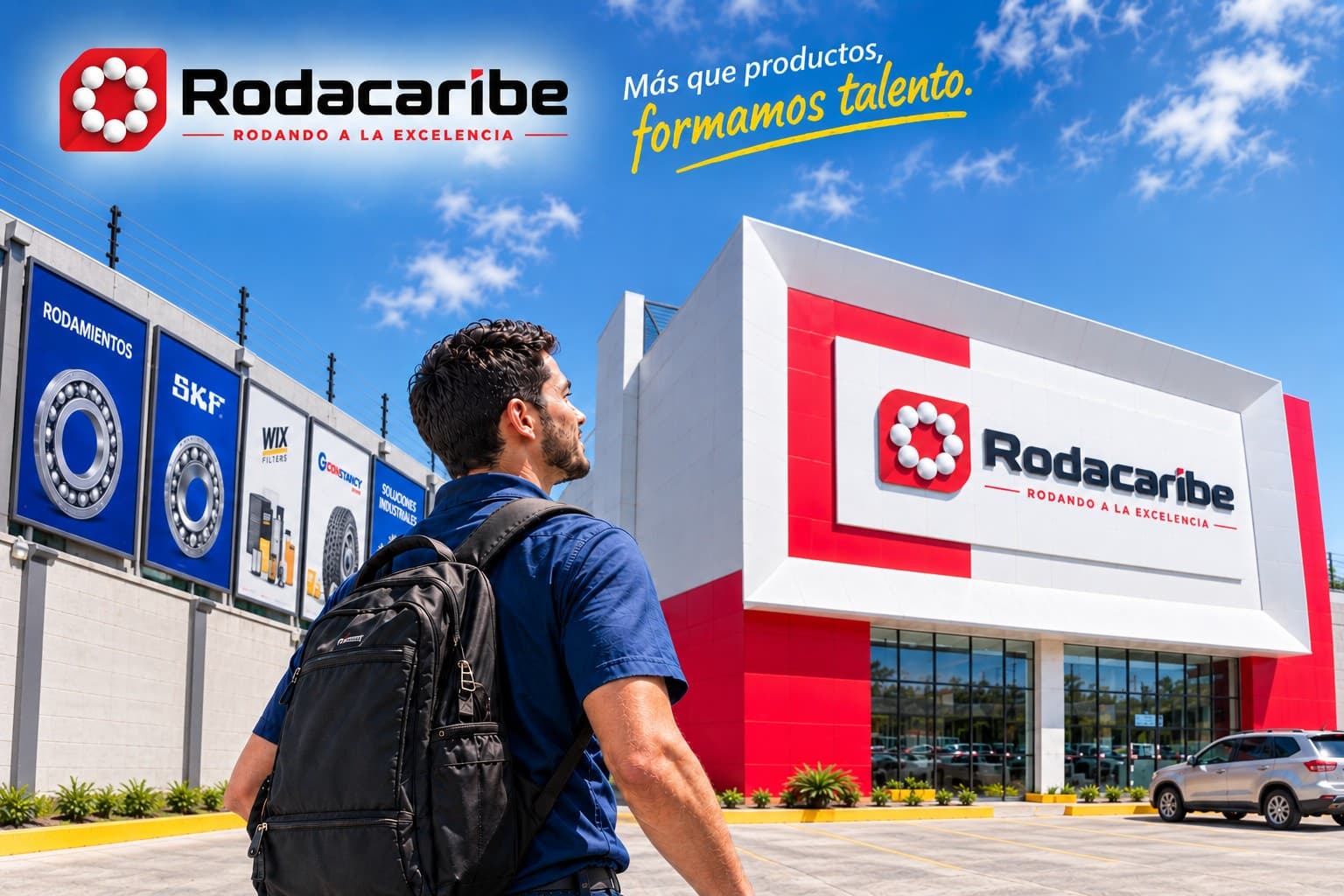 Un joven con mochila camina hacia la entrada de la sucursal de Rodacaribe, con las vallas de rodamientos, SKF, WIX, Constancy y soluciones industriales a un lado. Sobre el cielo, el logotipo de Rodacaribe y el lema «Más que productos, formamos talento».