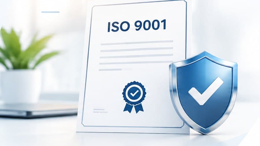 Certificado ISO 9001 junto a un escudo de verificación