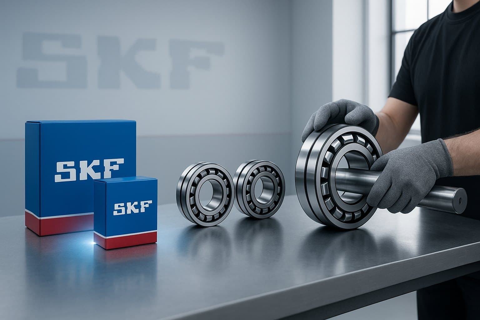 Rodamientos de rodillos SKF y su empaque original sobre una mesa de taller, con un técnico montando uno sobre un eje