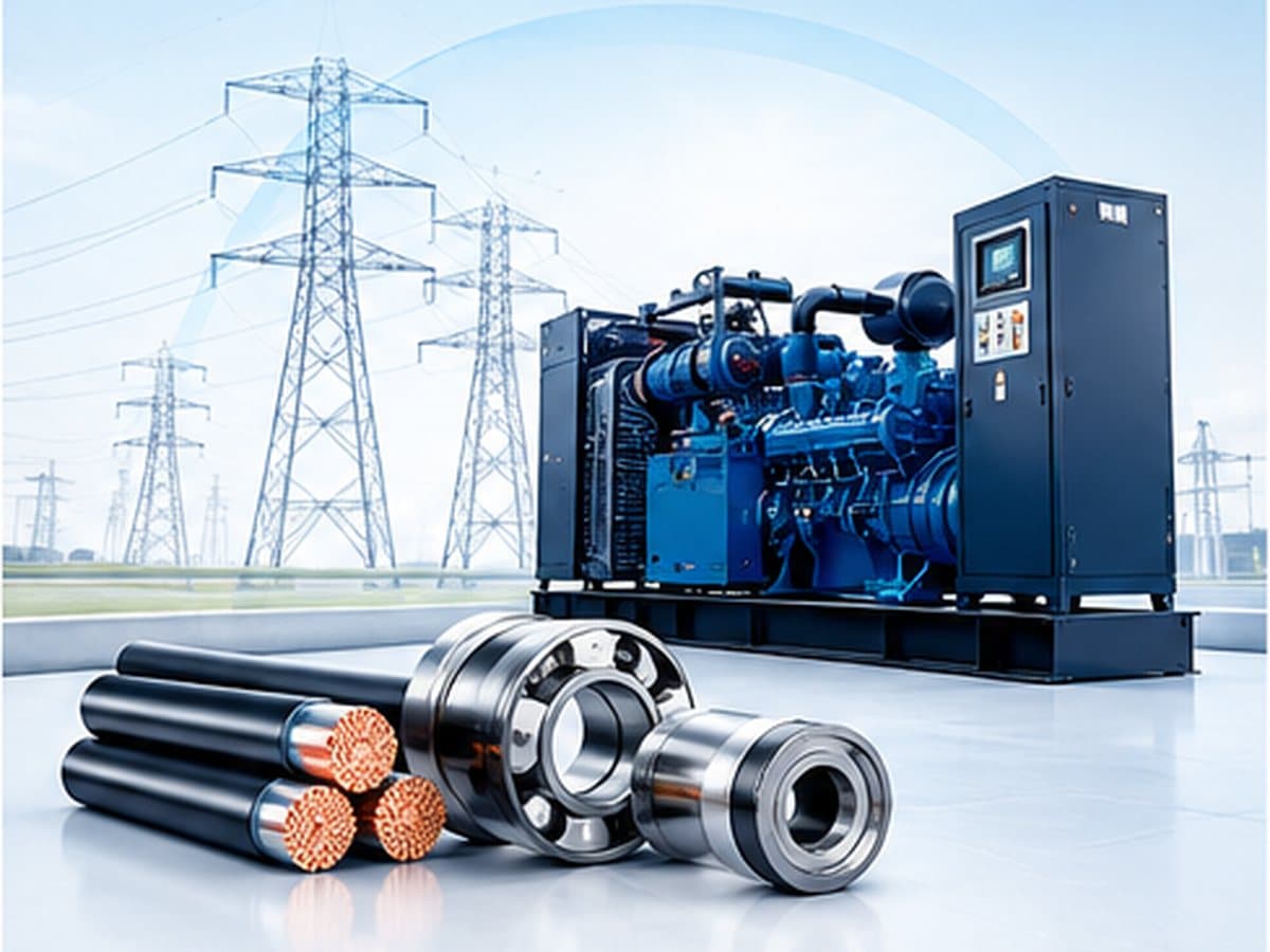 Grupo electrógeno industrial junto a líneas de alta tensión, con cables y bujes en primer plano